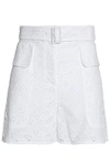 VALENTINO BELTED BRODERIE ANGLAISE COTTON-BLEND SHORTS,3074457345618743528