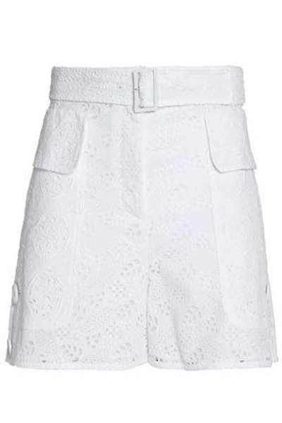 Valentino Belted Broderie Anglaise Cotton-blend Shorts In White