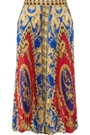 VERSACE PLEATED PRINTED SATIN MIDI SKIRT