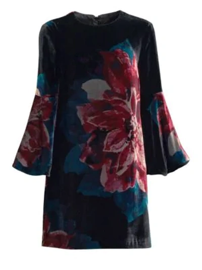 Trina Turk Astral Floral Velvet Bell-sleeve Mini Dress In Multi