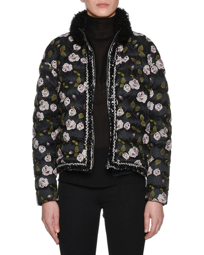 Giambattista Valli Fur-collar Multi-floral Lace-embroidered Short Puffer Coat In Black/pink