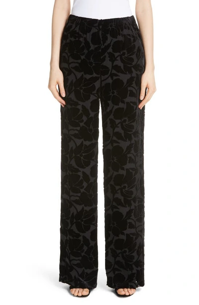 St John Wide Leg Burnout Velvet Pants In Caviar