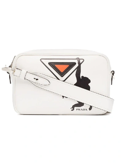 Prada White Monkey Logo Print Leather Shoulder Bag