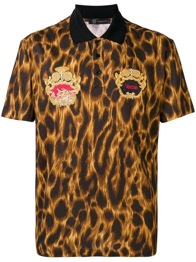 Versace Animalier Embroidered Polo Shirt In Brown