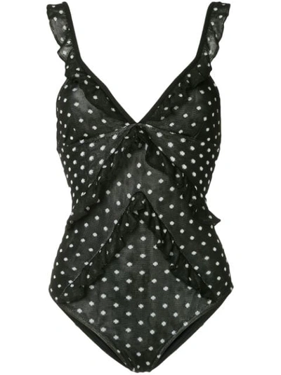 Suboo Polka Dot Frilled Swim Suit In Black