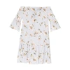 PAISIE Floral Print Bardot Dress with Gathered Hem & Flared Cuffs in Light Blue