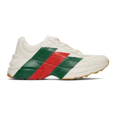 Gucci White Rhyton Web Print Leather Trainers In Neutrals