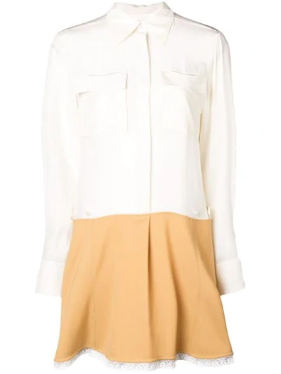 Chloé Long-sleeve Button-front Bicolor Lace-hem Crepe De Chine Dress In Butter Cream