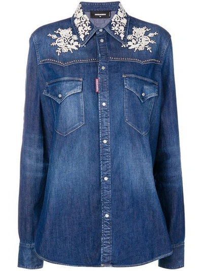 Dsquared2 Cotton Denim Shirt W/ Flower Embroidery In Blue