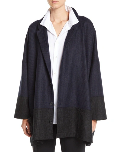 Eskandar Mandarin-collar Three-button Wool-blend Jacket W/ Pouch Pockets In Navy