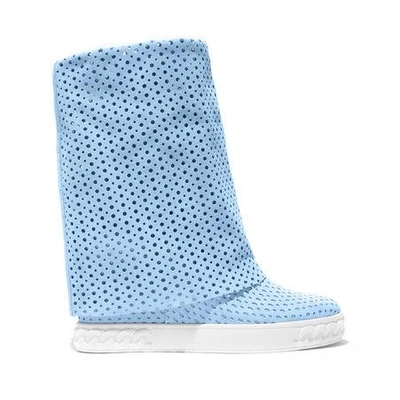 Casadei 90mm Perforated Suede Wedge Sneakers, Light Blue In Khaki