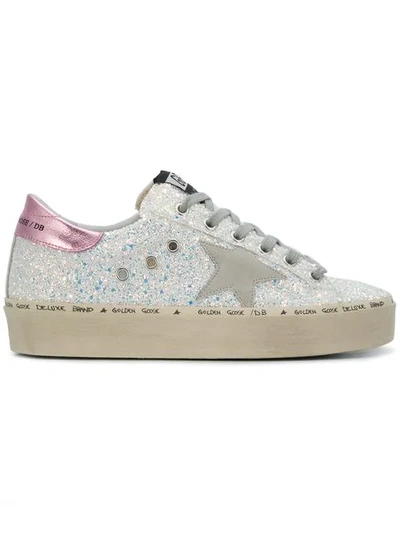 Golden Goose Hi Star Distressed Glittered Leather Sneakers In Pink And White