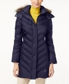 KENNETH COLE HOODED FAUX-FUR-TRIM DOWN CHEVRON PUFFER COAT