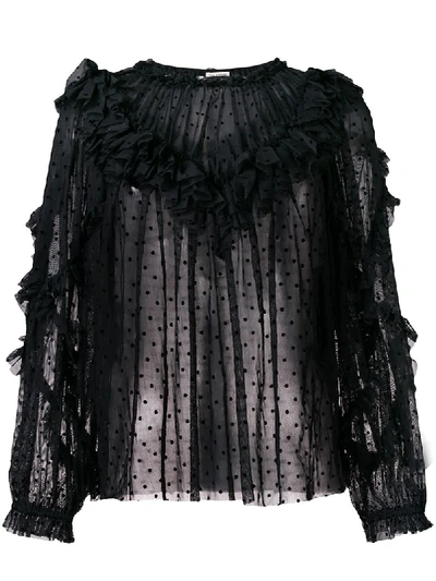 Ulla Johnson Dita Ruffled Flocked Cotton-blend Tulle Blouse In Black