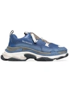 BALENCIAGA BLUE AND WHITE TRIPLE S LEATHER SNEAKERS