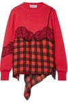 PREEN BY THORNTON BREGAZZI CAIA LACE-TRIMMED GINGHAM SILK-JACQUARD AND WOOL-BLEND SWEATER