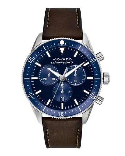 Movado Men's Diver Chronograph Watch With Leather Strap Blue Dial