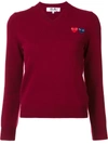 Comme Des Garçons Play Double Heart V-neck Jumper In Red