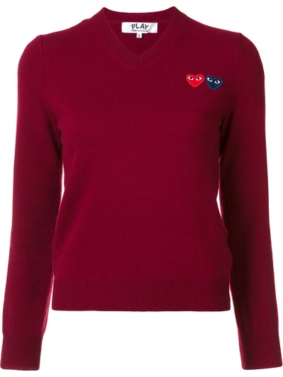 Comme Des Garçons Play Double Heart V-neck Jumper In Red