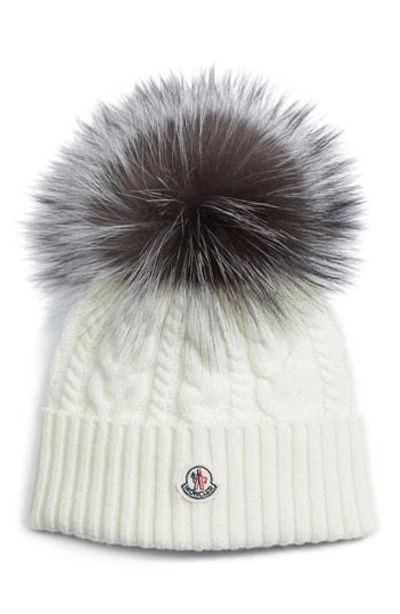 Moncler Cable Knit Beanie With Genuine Fox Fur Pom In Beige