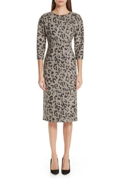 Max Mara Dramma Crewneck 3/4-sleeve Leopard-print Wool Sheath Dress In Turtledove