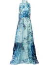 ISABEL SANCHIS ISABEL SANCHIS BAROQUE FLORAL PRINTED GOWN WITH DRAMATICCAPE BACK - BLUE