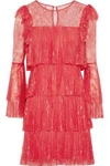Badgley Mischka Tiered Pleated Lace Mini Dress In Tomato Red