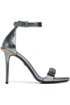 ROBERTO CAVALLI ROBERTO CAVALLI WOMAN EMBELLISHED METALLIC-LEATHER SANDALS GRAY,3074457345618987482