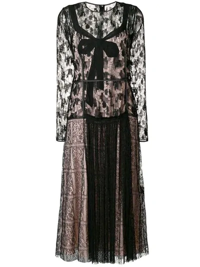 Bottega Veneta Long-sleeve Round-neck Allover Lace Dress W/ Bow Detail & Contrast Lining In Black/pink