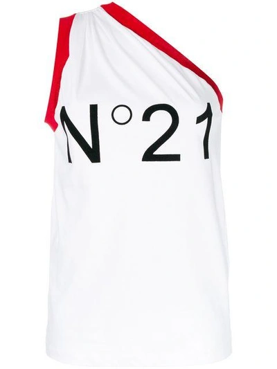 N°21 Logo Flocked One Shoulder Cotton Top In White Black Red