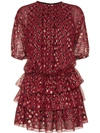 Saint Laurent Multi-dot Tiered Short-sleeve Metallic Silk Mini Dress In Red
