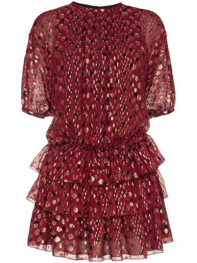 Saint Laurent Multi-dot Tiered Short-sleeve Metallic Silk Mini Dress In Red