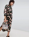 WALTER BAKER HIGH NECK FLORAL PRINT MIDI SHIFT DRESS - BLACK,W70761