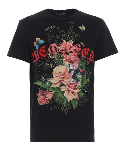 Alexander Mcqueen Rose Skull T 恤 In Black/multicolor