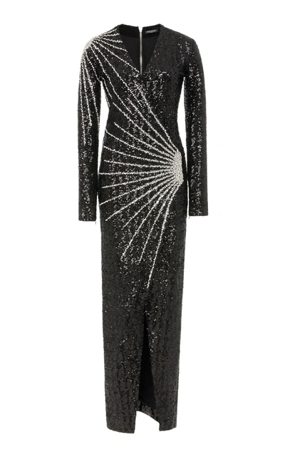 Balmain V-neck Long-sleeve Constellation-embellished Paillette Evening Gown In Black/silver