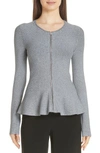 Theory Marl Crewneck Zip front Glossed Peplum Jacket In Black