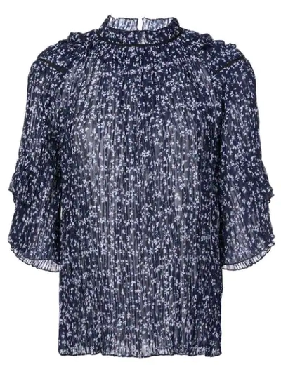 Saloni Floral Print Ruffle Blouse In Blue