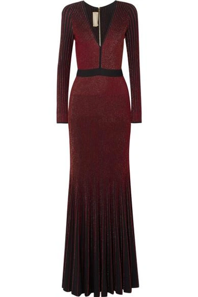 Elie Saab V-neck Long-sleeve Embellished Mermaid Evening Gown In Burgundy