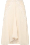 CHLOÉ RUCHED CROCHETED LACE-PANELED SILK CREPE DE CHINE SKIRT