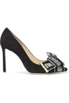 JIMMY CHOO TEGAN 100 LOGO-EMBROIDERED CANVAS AND SUEDE PUMPS