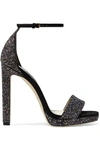 JIMMY CHOO MISTY 120 GLITTERED LEATHER AND SUEDE PLATFORM SANDALS