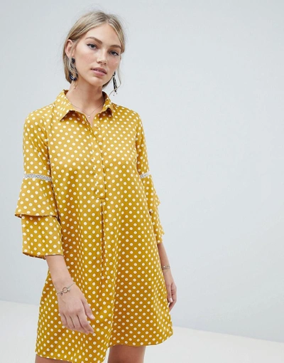 Vero Moda Polka Dot Shirt Dress With Fluted Sleeve-multi