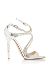 JIMMY CHOO LANG ASYMMETRIC MIRRORED LEATHER SANDALS,677250