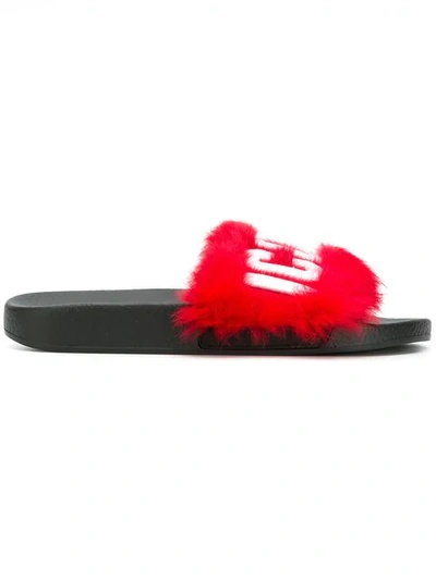 Dsquared2 20mm Logo Lapin Fur Slide Sandals In Red