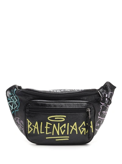 Balenciaga Graffiti Printed Leather Belt Pack In Nero-multicolor