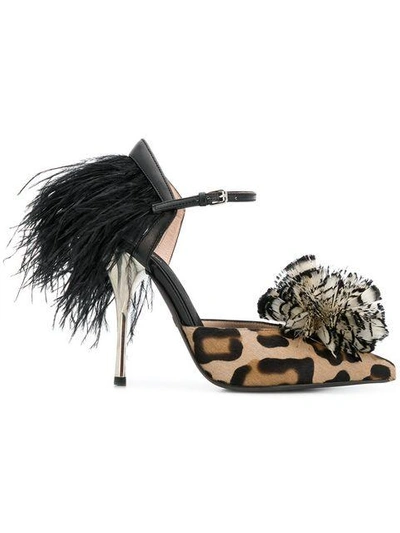 Giambattista Valli Leopard Print Feather Pumps - Brown