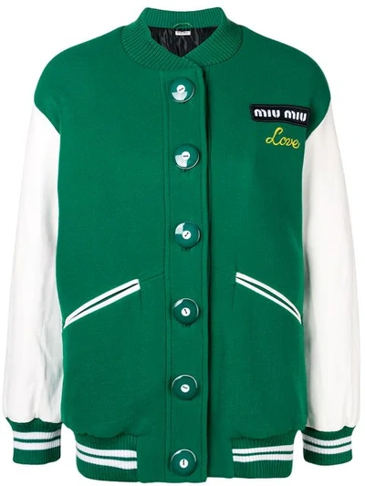 Miu Miu Oversized Embroidered Logo Bomber Jacket In Green