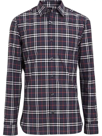 Burberry Embroidered Detail Check Cotton Shirt In Navy