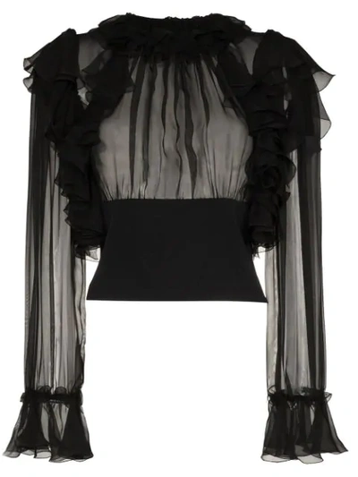 Dolce & Gabbana Long-sleeve Wide Waistband Chiffon Blouse W/ Ruffle Detail In Black