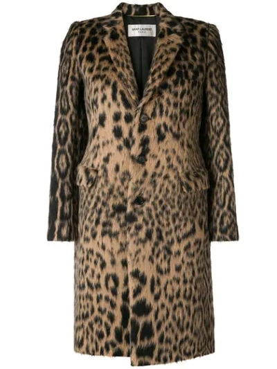 Saint Laurent Leopard Jacquard Single-breasted Coat In Brown